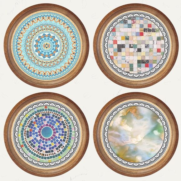 Wooden Absorbent Coasters Set 4.7" Mandala Design Cork Base for Coffee Cups - Picture 2 of 9